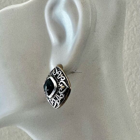 Sterling Silver Earrings with Black Onyx, Rhodium & 18k  Gold Accents - Picture 3 of 10